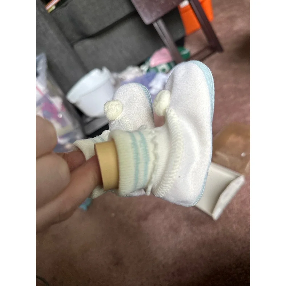 Vintage Mrs Days Ideal‎ Baby Shoe Co Crib Shoes White Blue Pom Pom Booties Boxed